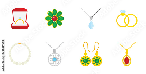 Set Luxury fashion icons. Gemstone and bracelet, brooch and trinket, emerald 