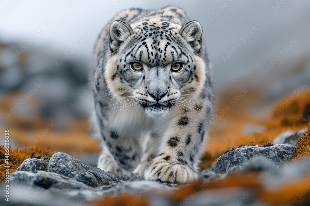 Fototapeta premium Snow leopard striding across rocky terrain.