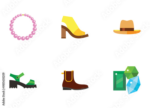 Set Luxury fashion icons. Gemstone and bracelet, brooch and trinket, emerald 