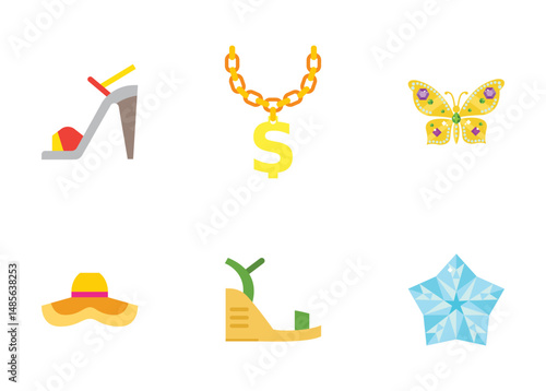 Set Luxury fashion icons. Gemstone and bracelet, brooch and trinket, emerald 