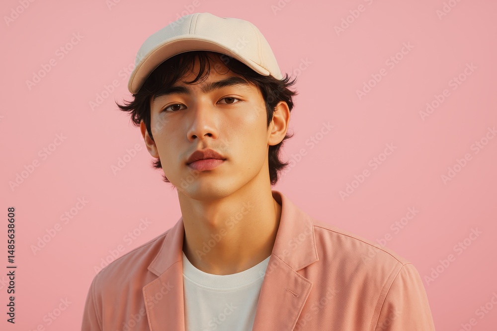 ピンクの背景にいる帽子をかぶった若いアジア人男性のポートレート ピンクの背景にいる帽子をかぶった若いアジア人男性のポートレート