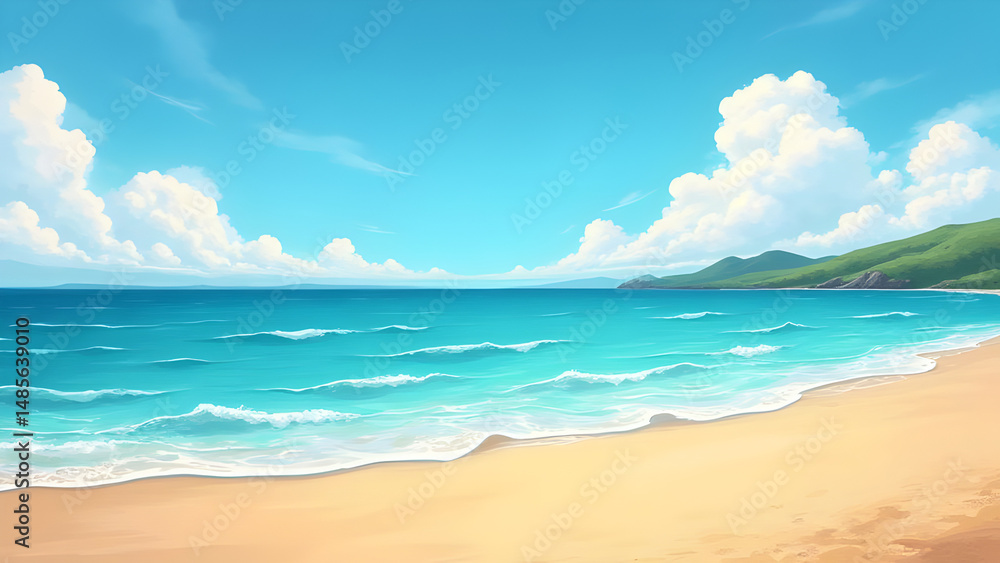 Fototapeta premium Beautiful Beach Illustration — Tropical Ocean Waves, Palm Trees & Summer Paradise Scene