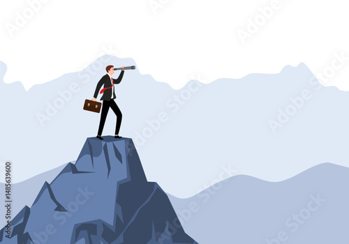Search for opportunity, business vision, success direction or finding new employee, career future, secret discovery or research concept, businessman look through telescope 