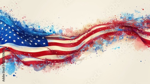 Patriotic watercolor-style artwork of an American flag, flowing dynamically.