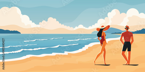 couple on summer tropical beach flat vector illustration with ocean sand and clouds.