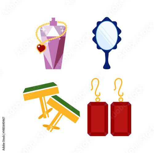 Set Luxury fashion icons. Gemstone and bracelet, brooch and trinket, emerald 