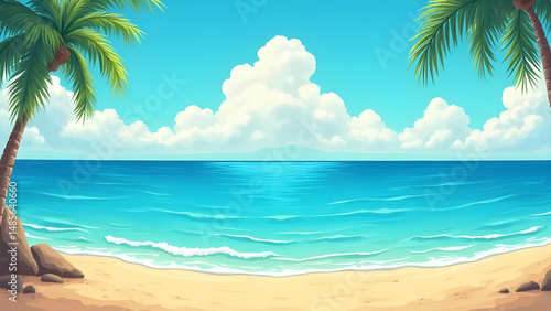 Beautiful Beach Illustration — Tropical Ocean Waves, Palm Trees & Summer Paradise Scene