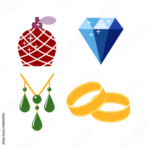 Set Luxury fashion icons. Gemstone and bracelet, brooch and trinket, emerald 