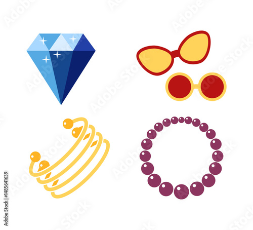 Set Luxury fashion icons. Gemstone and bracelet, brooch and trinket, emerald 