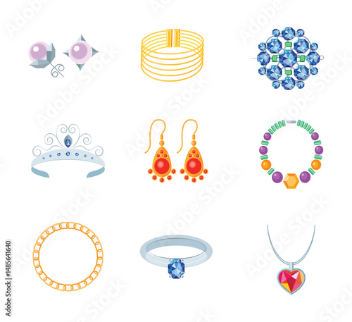 Set Luxury fashion icons. Gemstone and bracelet, brooch and trinket, emerald 