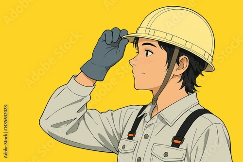 ヘルメットを被った作業員のイラスト、黄色の背景