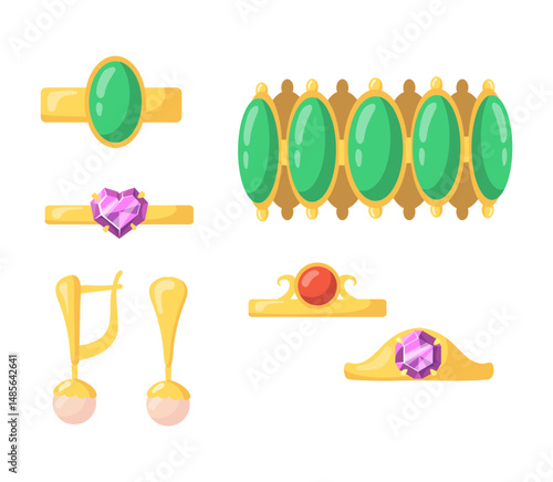 Set Luxury fashion icons. Gemstone and bracelet, brooch and trinket, emerald 