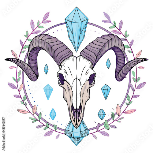 A detailed render of a goat skull intricately fused with vibrant amethyst and quartz crystal formations, showcasing gem-like textures and ethereal glow.