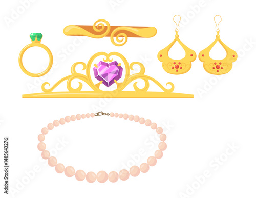 Set Luxury fashion icons. Gemstone and bracelet, brooch and trinket, emerald 