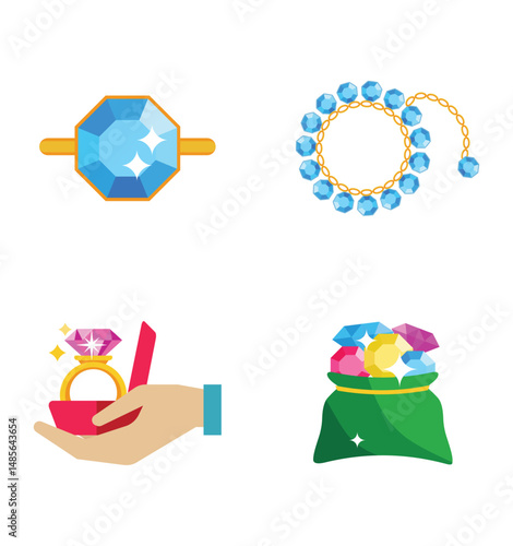 Set Luxury fashion icons. Gemstone and bracelet, brooch and trinket, emerald 