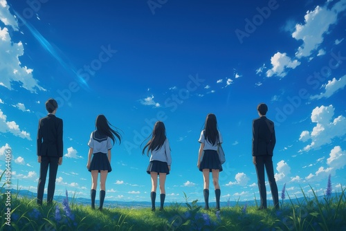 青空を見上げる学生たちの後ろ姿のイラスト