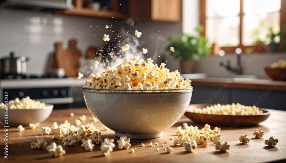 Golden Popcorn Delight: A close-up of a bowl of freshly popped popcorn, the fluffy kernels overflowing in a rustic, inviting kitchen, an atmosphere of warmth and comfort. Golden Popcorn Delight: A close-up of a bowl of freshly popped popcorn, the fluffy kernels overflowing in a rustic, inviting kitchen, an atmosphere of warmth and comfort.