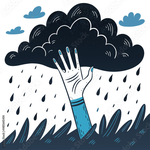 A lone hand emerges from a dark, swirling cloud, symbolizing despair and the struggle for hope.  The hand is reaching upwards.