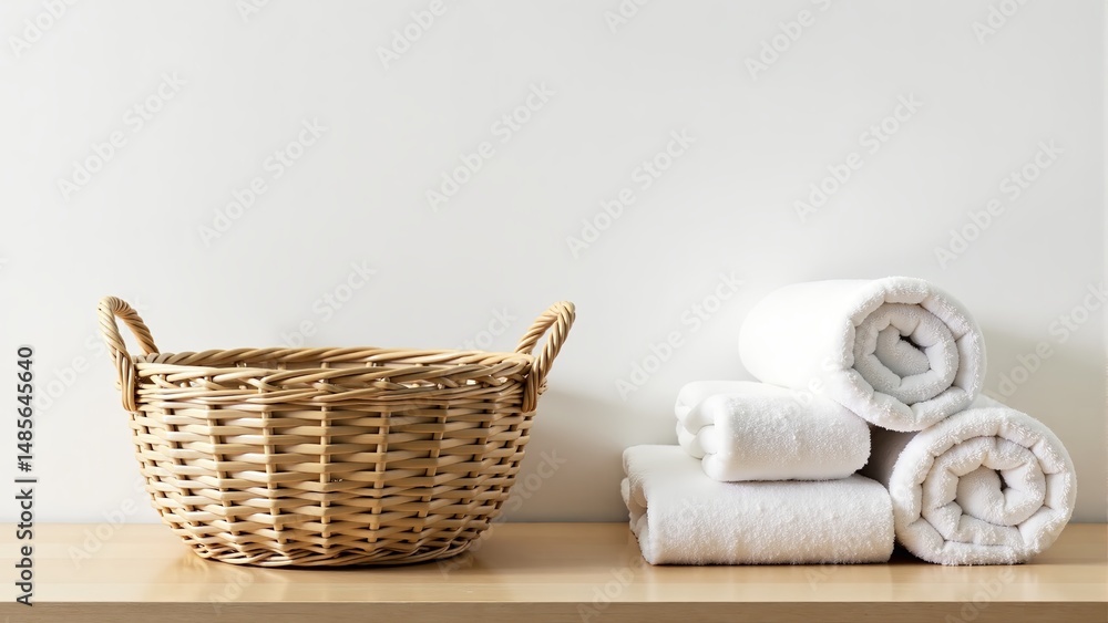 Obraz premium Towels In Basket On Wooden Table