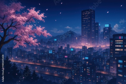 Wallpaper Mural Cityscape anime style with cherry blossoms in full bloom under a starry sky Torontodigital.ca
