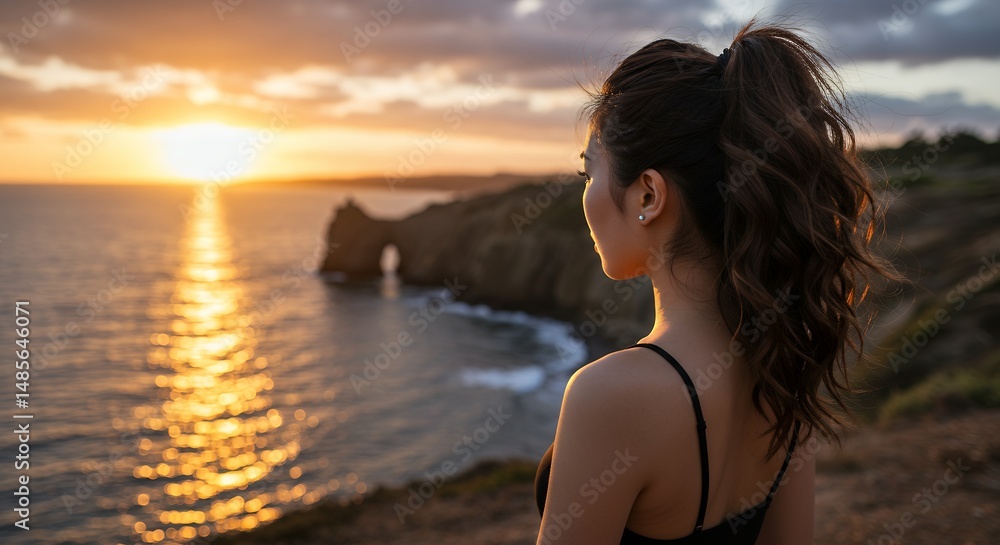 Woman Watching Sunset Over Ocean Woman Watching Sunset Over Ocean