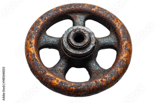 Old rusty metal wheel with spokes and worn-out texture isolated on transparent background.