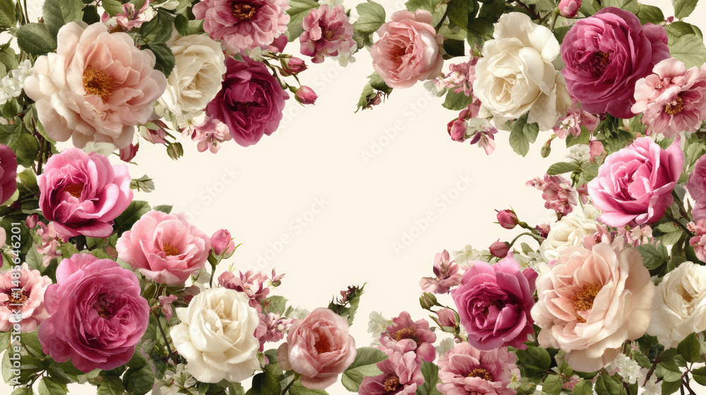 Beautiful floral arrangement with pink and white roses on a soft background creating a heart shape Beautiful floral arrangement with pink and white roses on a soft background creating a heart shape