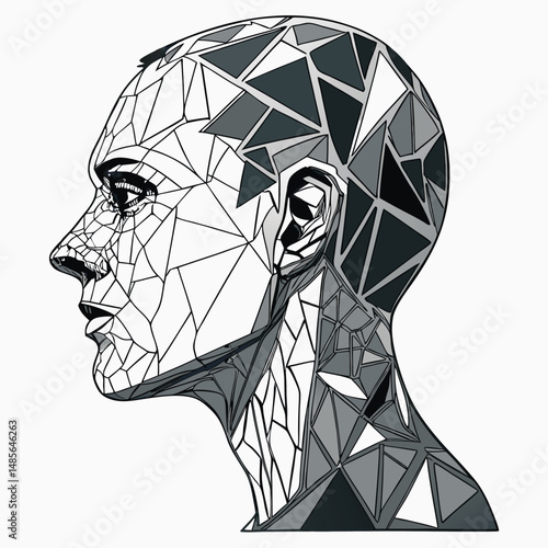 A surrealist head sculpture crafted from fragmented silver mirror shards, reflecting light and distortion; bleak, unsettling aesthetic.