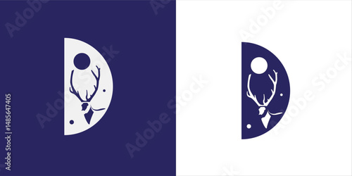 Logo letter D with a deer in negative space with a moon look like a letter D .