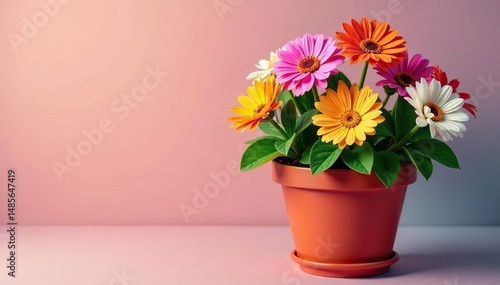 Vibrant colorful flowerpot with blooming flowers, top view , pink, red, floral design