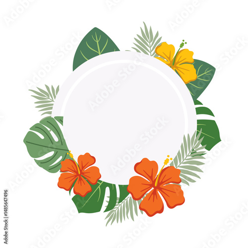 Tropical Floral Circle Frame SVG – Decorative Summer Hibiscus and Palm Leaves Border for Invitations, Labels, Cards, Stickers, and Printables