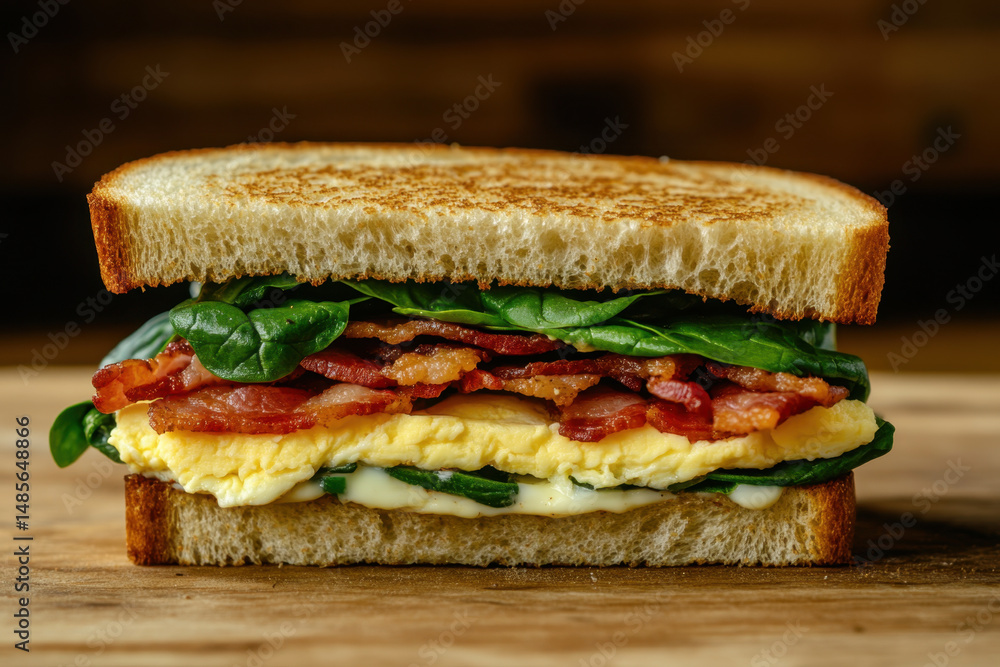 Bacon, egg, and spinach sandwich. Bacon, egg, and spinach sandwich.