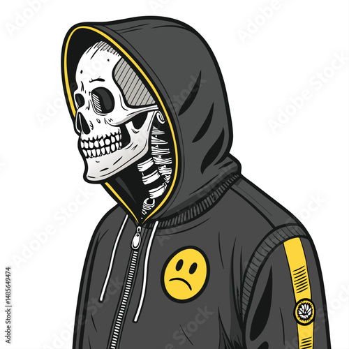 Generate an image of a skeleton wearing a gray hoodie with a sad face emoji patch on the chest.  The skeleton should have a melancholic expression.