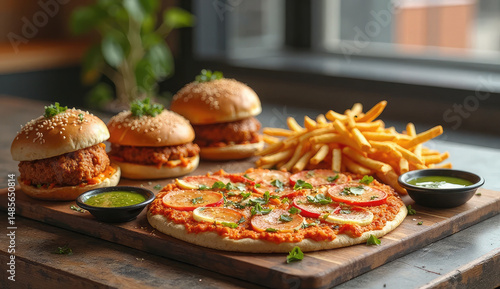 Delicious Pizza, Burgers, and Fries Combo on a Wooden Board