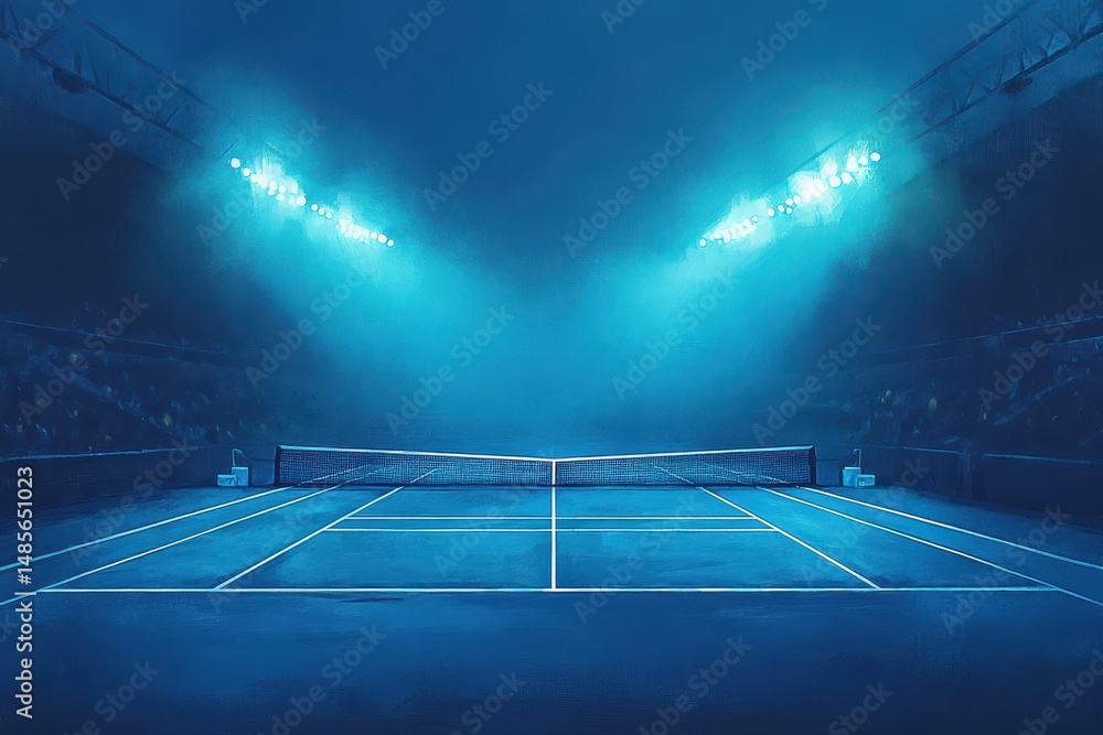 Fototapeta premium Atmospheric Tennis Court Under Dramatic Blue Lighting Night Scene
