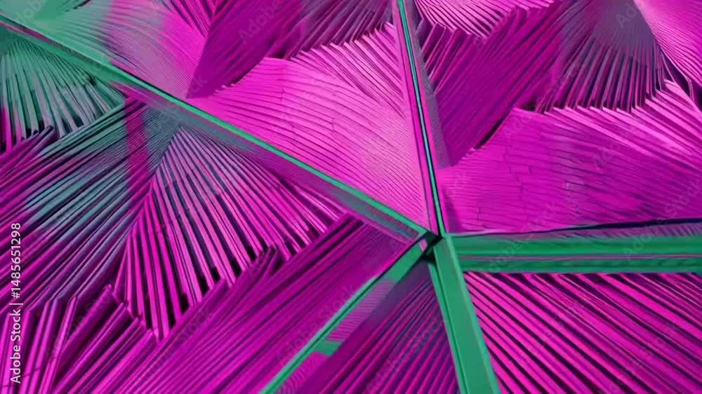 Looping abstract background featuring magenta and teal geometric fractals mirrored symmetrically. Framed with reflective elements that enhance depth and dimension, creating a vibrant, futuristic, and 