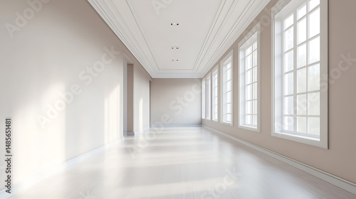 Bright  empty hallway with multiple windows letting in sunlight  creating a clean and minimalist architectural interior  promoting a sense of spaciousness.