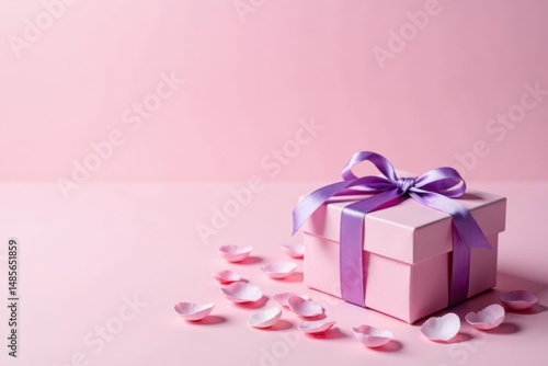 A Pink Gift Box with a Lavender Ribbon and Delicate Petals on a Soft Pink Background