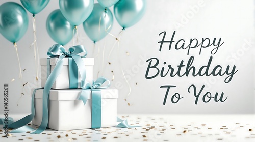 Happy birthday to you greeting with gift boxes and teal balloons for celebrations