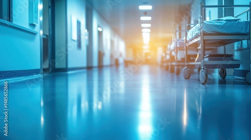 Empty hospital hallway with medical carts.  Clean, sterile environment.