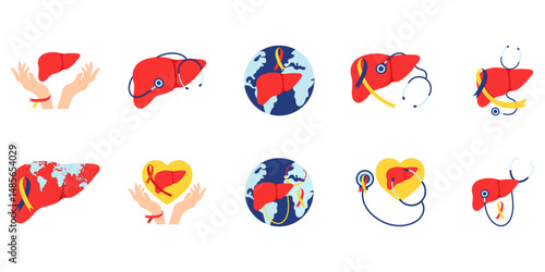 Set of world hepatitis day illustration. Liver, hepar, globe ribbon for hepatitis disease awarness. Vector isolated.