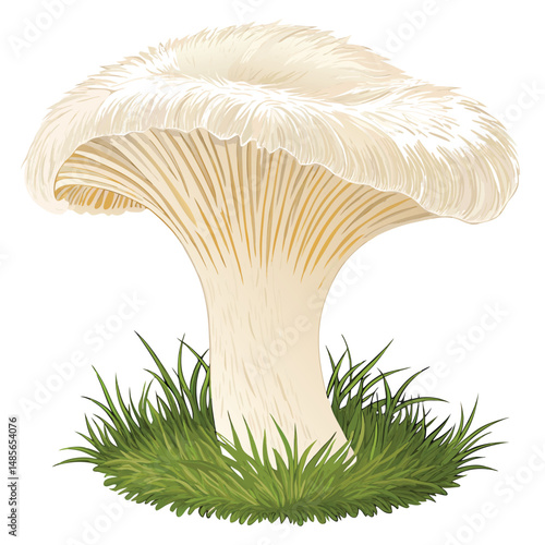 Close-up photograph of a Lion's Mane mushroom exhibiting a shaggy, white, cascading texture.  Show intricate details of its spines and overall form.