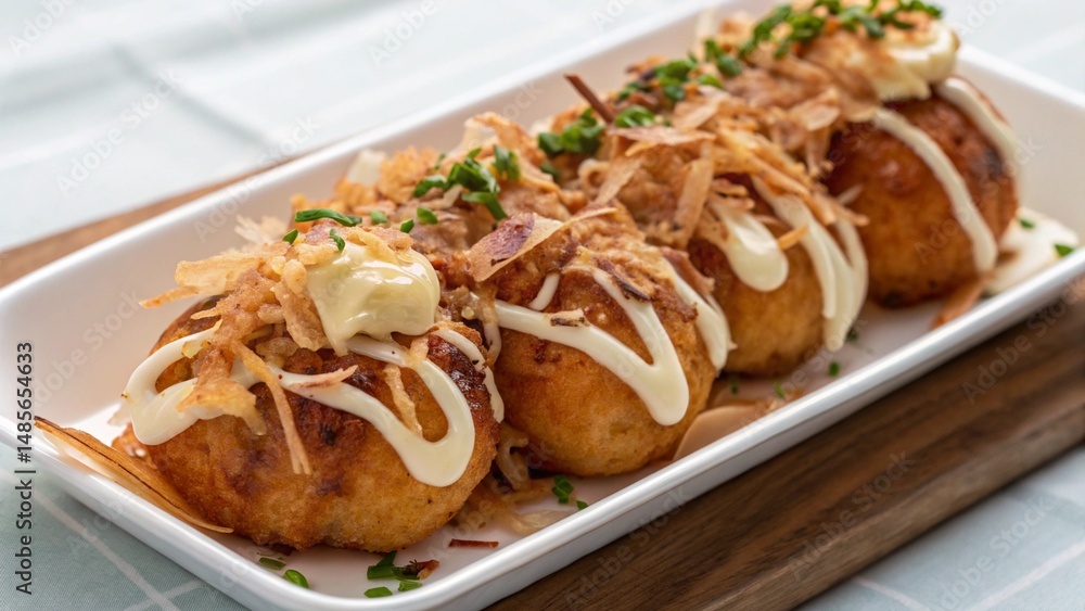 Detailed view of takoyaki balls coated sauce and bonito flakes served on tray Detailed view of takoyaki balls coated sauce and bonito flakes served on tray