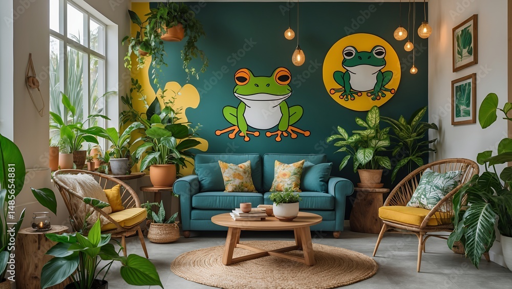 Fototapeta premium Lush greenery and whimsical frog art create serenity