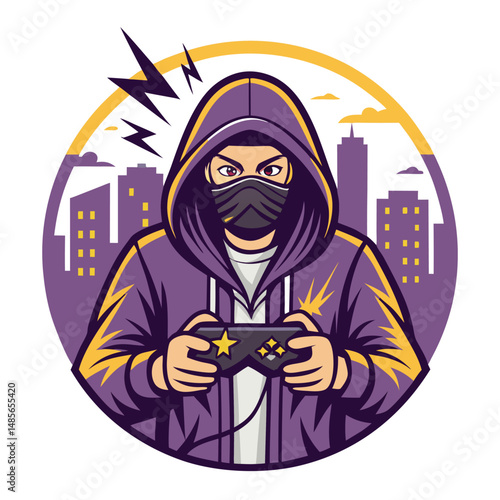 Create a digital painting of a masked gamer character, wearing a hoodie, standing against a detailed urban backdrop at night.  Focus on atmospheric lighting and gritty textures.