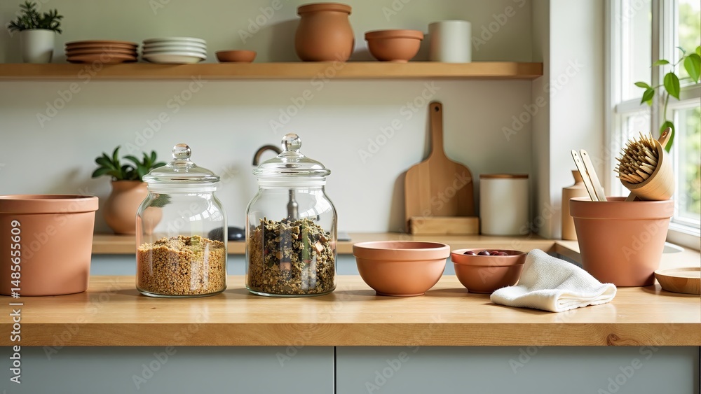 Rustic Kitchen With Terracotta And Glassware Rustic Kitchen With Terracotta And Glassware