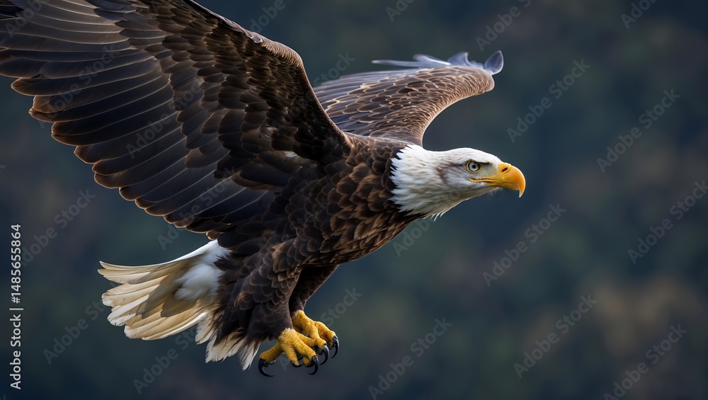 Fototapeta premium Majestic bald eagle soaring against dark sky