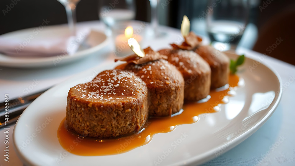 Michelin Style Coconut Mazapan Dessert Served on Beautiful Plate with Elegant Restaurant Ambiance Fine Dining Experience Michelin Style Coconut Mazapan Dessert Served on Beautiful Plate with Elegant Restaurant Ambiance Fine Dining Experience