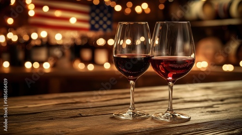 Two glasses of red wine on a wooden table with a blurred background of an American flag and lights.