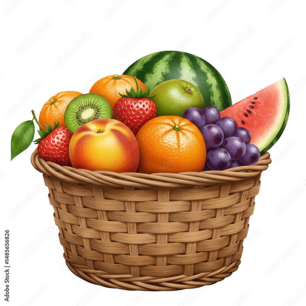 A vibrant basket filled with assorted fresh fruits including watermelon, oranges, and berries, set against a clean white background, ideal for health and wellness promotions A vibrant basket filled with assorted fresh fruits including watermelon, oranges, and berries, set against a clean white background, ideal for health and wellness promotions